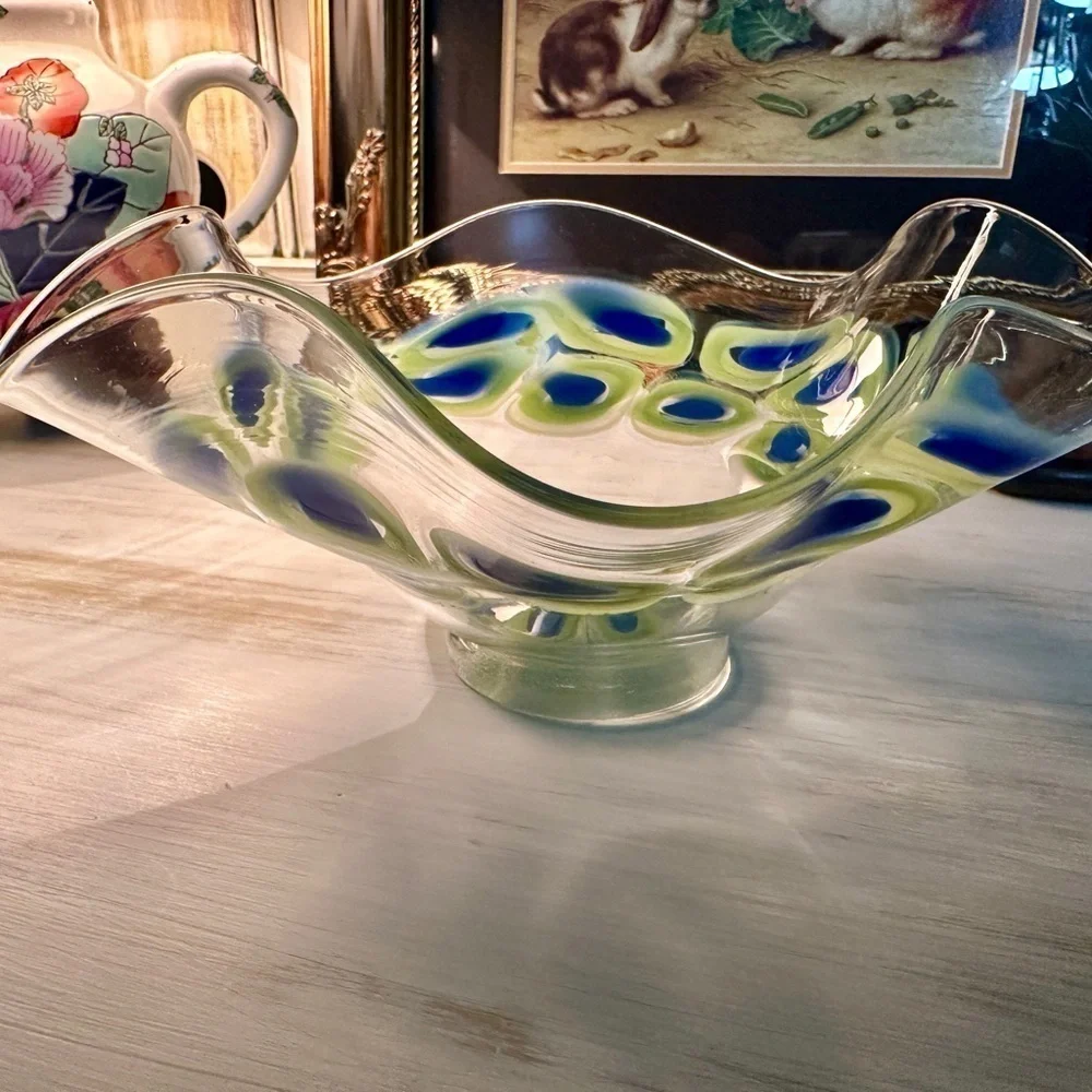 WAVY, CLEAR MIX BOWL WITH BLUE/GREEN DESIGN. HANDMADE. 8 1/4”W X 3 1/2”H